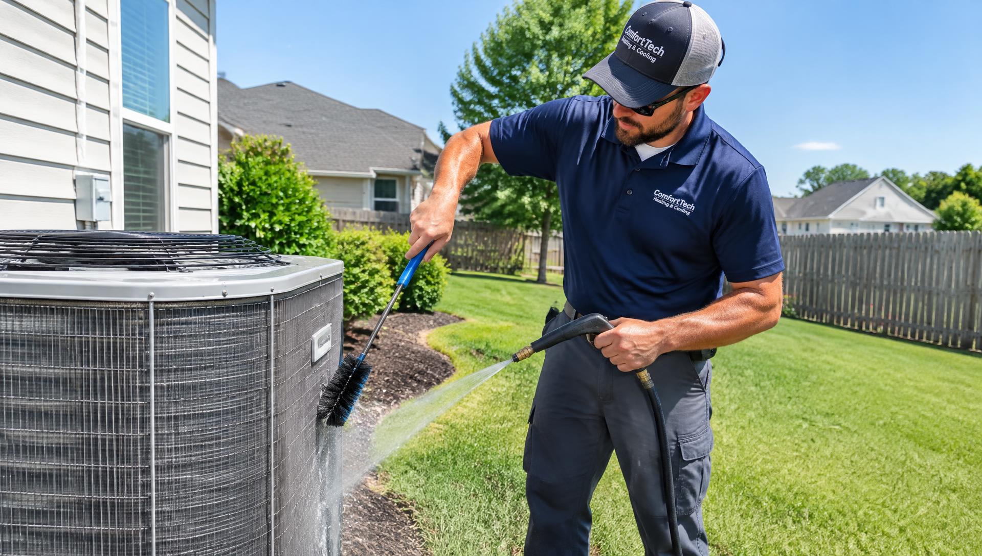 Technician cleaning an outdoor AC condenser coil in a Fayetteville backyard